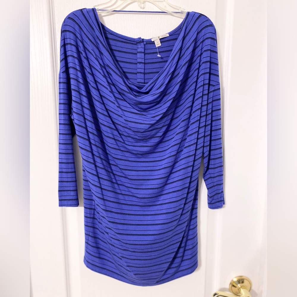 NEW Halogen Cowl Neck Striped 3/4 Sleeve Knit Top Blue Black Small